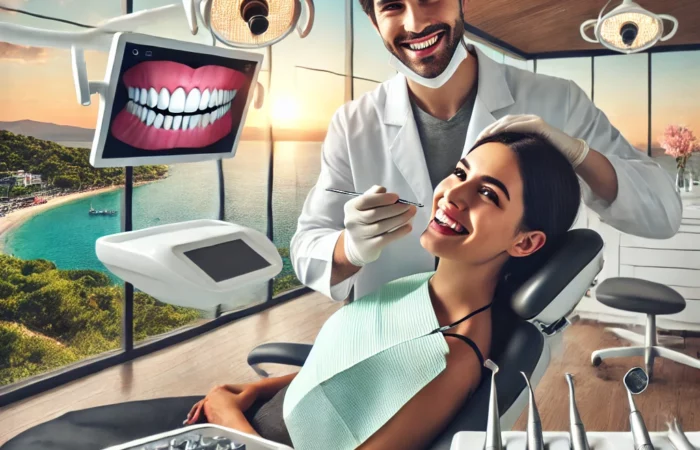 Ihr vollständiger Leitfaden zum Erhalt von Veneers in der Türkei – Antalya Edition 1 Aura Smile Studio DALL·E 2025 03 03 05.36.12 Eine moderne Zahnklinik in Antalya, Türkei, mit einem professionellen Zahnarzt, der einem lächelnden Patienten Veneers anbringt. Die Klinik ist mit fortschrittlichen Aura Smile Studio-Geräten ausgestattet